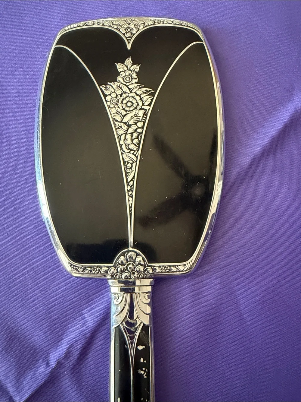 Vintage Art Defo Evans Vanity Hand Mirror  Silver Tone Floral Detail
